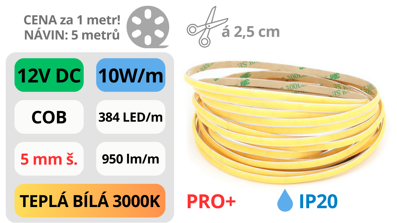 LED pásek COB 12V / 384 LED / 10W / 3000K / IP20 / 5mm / PRO+
